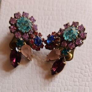 Green and Purple Floral Earrings with Gemstone Accents